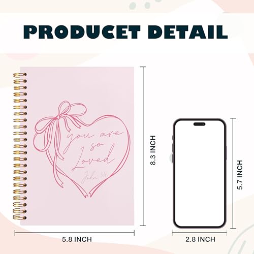 BearCake Coquette Pink Bow Christian Notebook Journal, Christian Gifts for Women, You Are So Loved Bible Journaling Prayer for Women, Preppy Aesthetic Hardcover Spiral Notebook 5.5x8.3 - color: white Bible-3:16