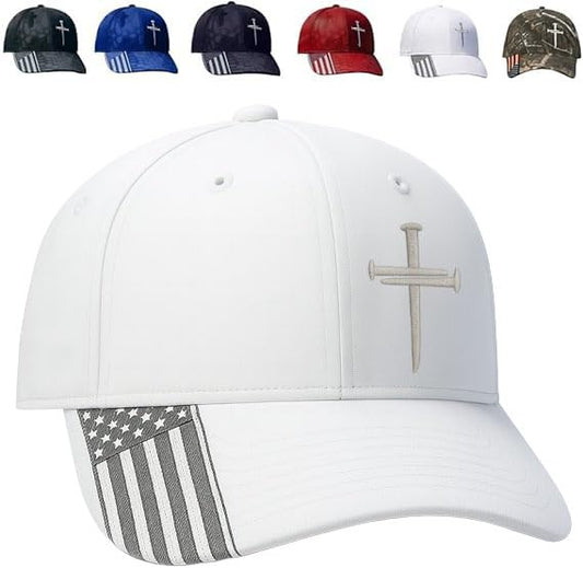 Christian Hats for Men, Three Nails Cross Embroidered Faith Baseball Cap - color: White