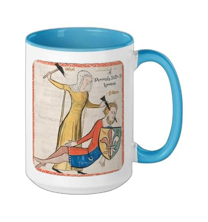 Proverbs 31 29 31 Woman Medieval Christian Art Design Ceramic Mug, Blue/White, 15oz - color: Blue/White, size: 15 Ounces