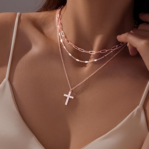 Poxtex Layered Gold Necklaces for Women, Stackable Dainty 14K Gold Silver Plated Trendy Simple Heart Diamond Cross Bow Circle Pendant Paperclip Choker Dot Chain Necklace,Jewelry Set Gifts for Women - color: Rose Gold, style: Cross2