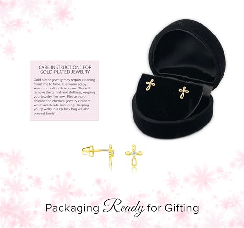 Cherished Moments Cross Earrings, .925 Sterling Silver or 14k Gold-Plated - color: SM Gold Clear