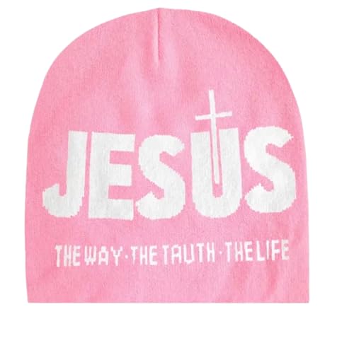 Jesus The Way The Truth The Life Beanie Knit Winter hat Religious Christian Faith Multiple Colors - color: Pink & White