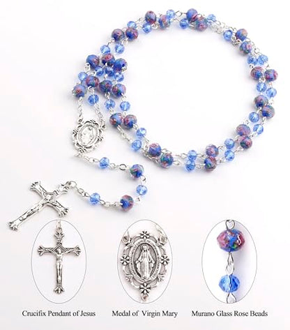 Murano Glass Rose Beads Catholic Virgin Mary Rosary Necklace Women - color: Blue
