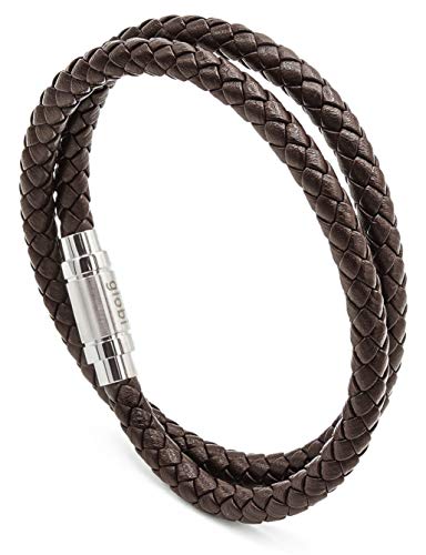 globi Leather Bracelet For Men | Genuine Wrap Braided Leather Cuff Bangle Bracelet with Magnetic Stainless Steel Clasp For Men/Women - color: Brown
