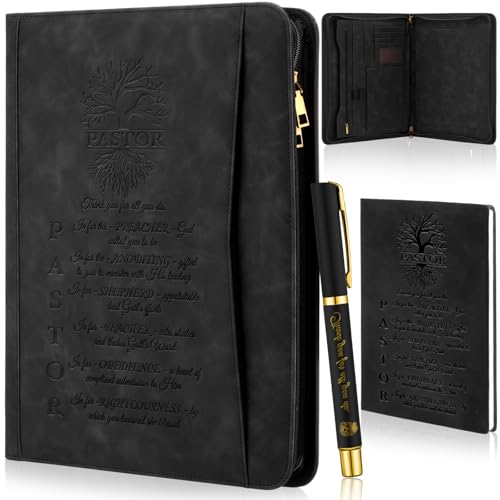 Fuyoooo 3 Pcs Black Pastor Leather Portfolio Bible Verse Notebook Pen Set - style: Black Pastor Style