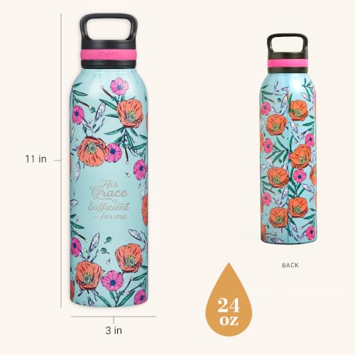 Christian Art Gifts Stainless Steel Insulated Grace is Sufficient Water Bottle - color: Teal/Floral - Sufficient Grace