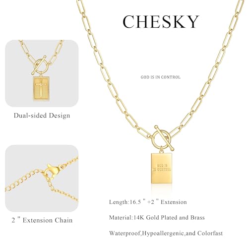 CHESKY Cross Necklace for Women Trendy, Dainty 14K Gold Plated Paperclip Charm Necklace for Womens Chunky Cross Pendant Necklace Gold Jewelry Religious Christian Gifts for Christians - color: GOD IS IN CONTROL