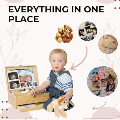 Baby Keepsake Box with 5 Additional Memory Items – Bamboo Memory Box for Baby Girls & Boys – Handprint Kit, Milestone Discs, Photo Corners, Glass Vials, Burlap Bag