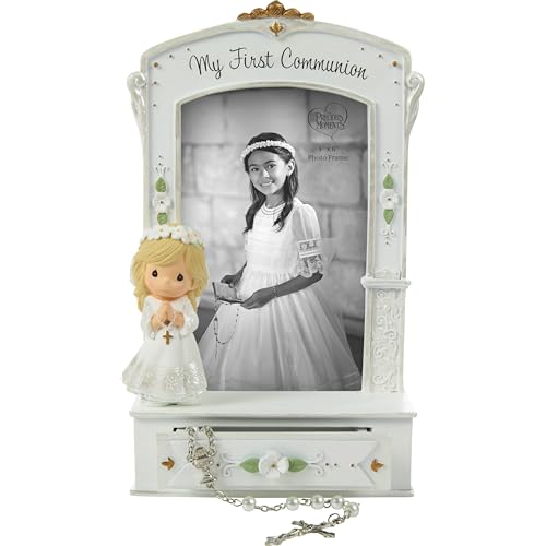Precious Moments 252413 My First Communion Photo Frame with Storage Drawer and White Rosary, Resin and Glass Picture Frame, Holds 4 x 6 in Photo, Catholic Communion Gift