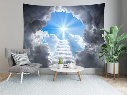 Loccor 15x10ft Fabric Cross Tapestry Photography Backdrop Stairway to Heaven Women Men Church Living Room Dorm Apartment Bedroom Aesthetic Photo Christian Background Religious Wall Art Spiritual Mural - size: 179"L x 118"W