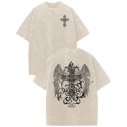 Vintage Goth Punk Shirts for Men Grunge Streetwear Oversized Tshirts Gothic Cross Graphic Tees Y2k Acid Wash T Shirt - color: Apricot, size: Small