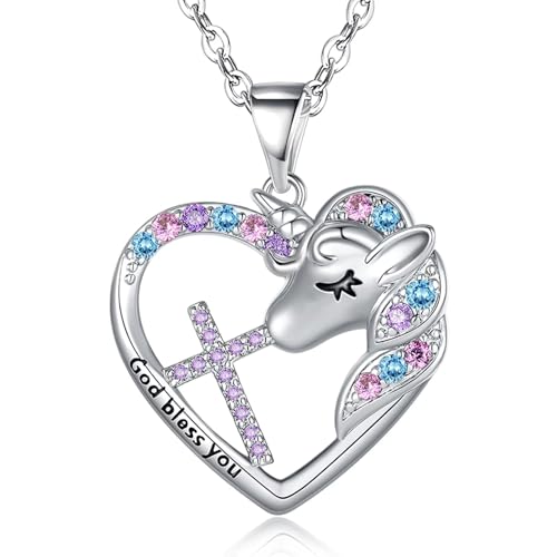 Easter Confirmation First Communion Baptism Gifts for Girls,Cross Birthstone Unicorn Necklaces for Daughter Granddaughter Niece Sister Christian Religious Gifts 16+3 Inches - color: 06.June