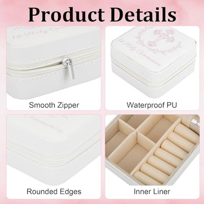 2 Pcs White First Communion Travel Jewelry Box, First Communion Gifts for girls Jewelry Case, Inspirational Religious Baptism Gift Small Square Container with Zipper for Rings Earrings Necklaces