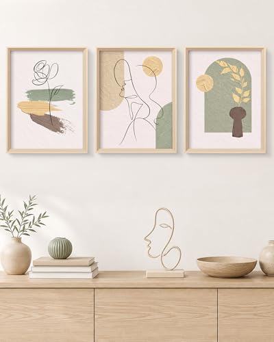 HesenDot High Wood Framed Abstract Line Art Wall Art Set of 3,12x16IN - color: High Frame Abstract Line Face