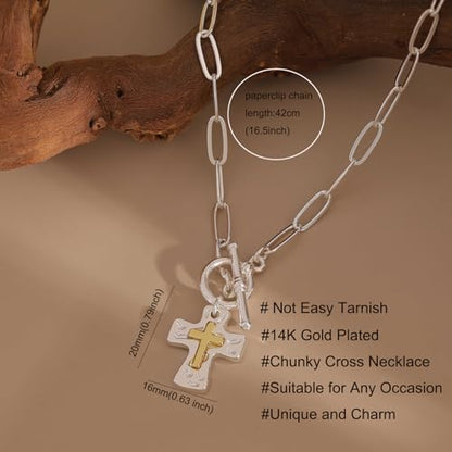 Chunky Cross Necklace for Women, 14K Gold Plated/Silver Statement Cross Pendant Necklace Simple Chunky Charm Necklace Big Gold Necklaces for Women Trendy Faith Jewelry Gifts - color: Chunky Cross SL