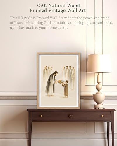 iHery 12x16in Jesus Feeds the 5000 Framed Christian Wall Art - color: OAK Framed Feeds, size: 16"L x 12"W