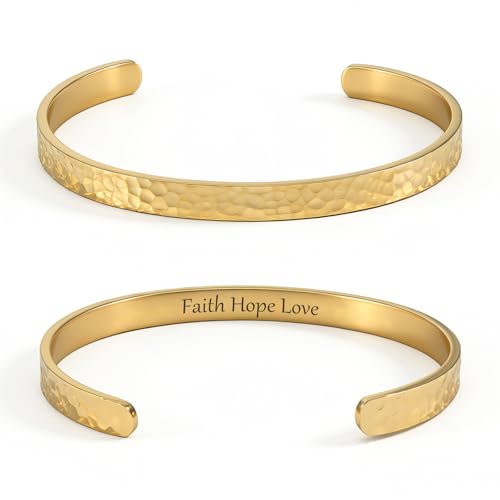 Inspirational Bible Verse Cuff Bracelet for Women, 18K Gold Plated Hammered Bangle, Christian Faith Jewelry Gift, Adjustable Non Tarnish - color: FAITH HOPE LOVE-Hammered Gold