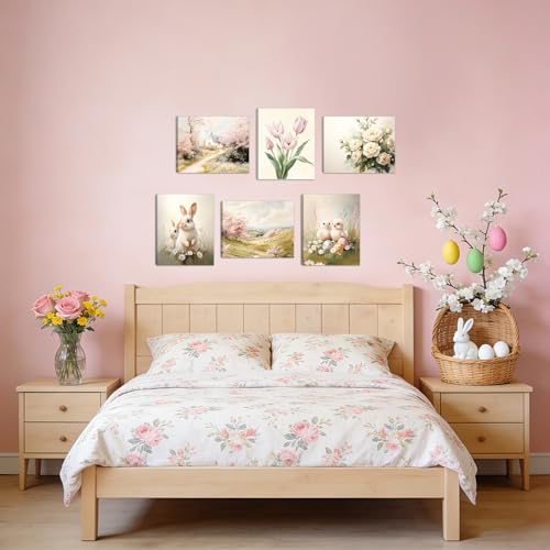 HOURIA Spring Easter Framed Canvas Wall Art(Set of 6,12”x16”), Bunny Chicks Easter Wall Decor, Vintage Tulip Cherry Blossom Spring Decorations for Home Living Room - color: Spring Rabbit Wall Art, size: 12X16inches