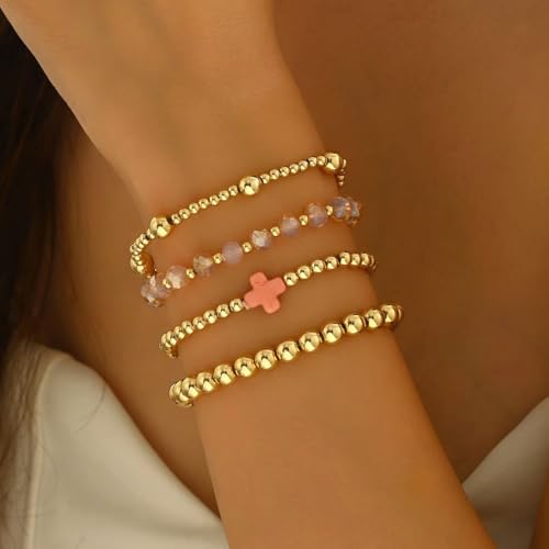 Colorful Cross Charm Bracelets for Women Men Adjustable Gold Plated Beaded Bracelet Boho Bead Ball Stretch Bracelet Birthday Summer Beach Jewelry - color: Pink B
