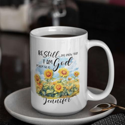 Custom Bible Verse Mug With Name, Religious Coffee Mug For Women, Personalized Christian Ceramic Cup, Accent Mug 11Oz Or 15Oz, Customized Sunflower Design Mug, Gift For Birthday - color: TRI-1223-1146-KNOW THAT I AM GOD MUG
