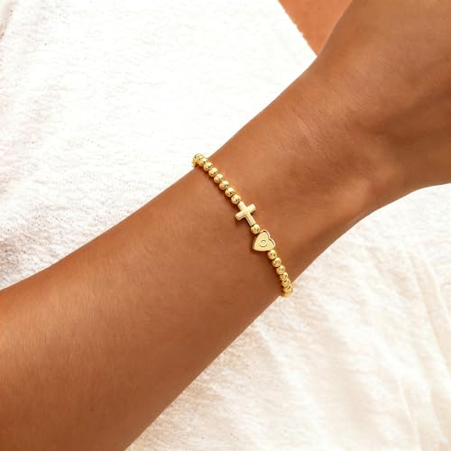 TLY Gold Beaded Bracelets for Women Cross Initial Elastic Stretch Bracelet - color: O