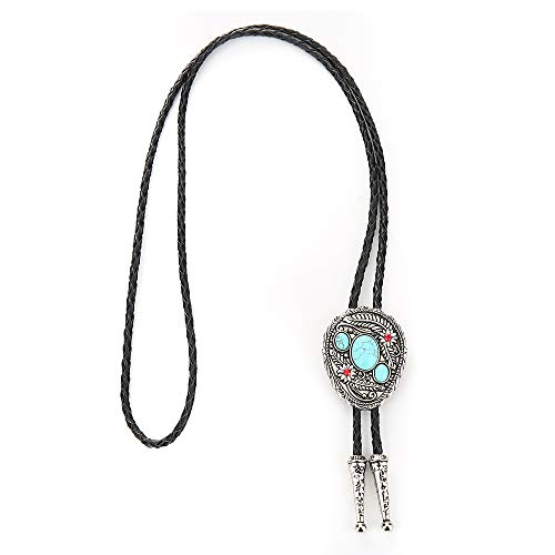 bolo tie for man,handmade western cowboy alloy natural mix Leather Bolo Tie - color: Leaf Turquoise Bolo Tie