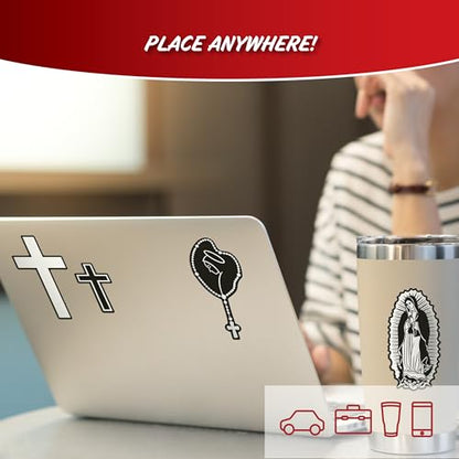 Religious Decals for Car Truck Tablet Tumbler Cell Phone - Set of 4 Black & White Mary Rosary, Lady of Guadalupe, Christian Cross - style: Religious Group