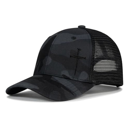 Christian Hats for Men Women,Jesus 3 Nail Cross Hat Christian Religious Gifts for Birthday/Christmas,Black and Silver - color: 594.camo-8