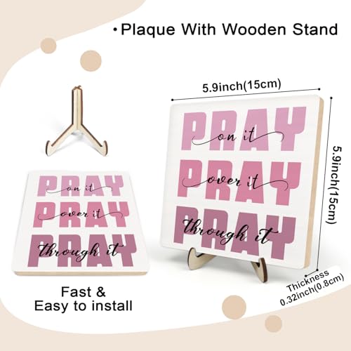 Inspirational Pink Wooden Plaque Sign Decor, Christian Gifts for Women, Religious Gifts, Bible Verse Gifts, Office Desk Room Home Dorm Decor Accessories, Pray through it (White-Pink, 5.9 x5.9 inches) - color: White-Pink