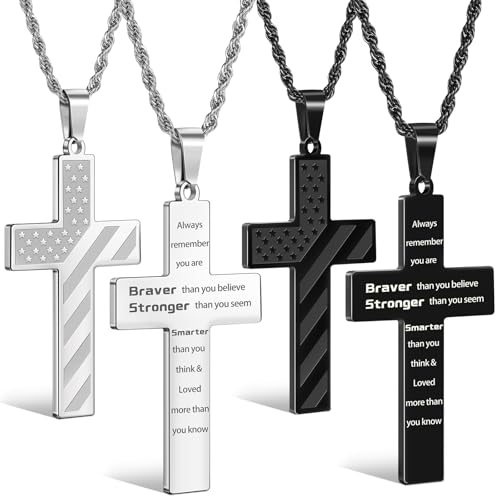 Romass 2Pcs Cross Necklace for Men Boys, Bible Verse Stainless Steel Silver Black American Flag Chains for Men Pendant Jewelry Box - style: Always Remember