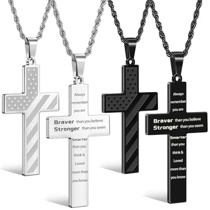 Romass 2Pcs Cross Necklace for Men Boys, Bible Verse Stainless Steel Silver Black American Flag Chains for Men Pendant Jewelry Box - style: Always Remember