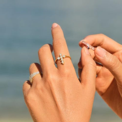 STORYJEWELLERY Cross Rings for Women, Purity Ring, Gold Plated Christian Rings for Women, Dainty Thin Ring, Religious Jewelry, Confirmation and Baptism Gifts