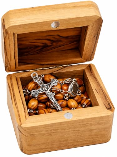 Zuluf Holy Land Olive Wood Necklace Rosary and Box Set – Bethlehem Handmade Catholic Prayer Beads with Crucifix, Plain Keepsake Rosary Box, Pouch Included, Gift Ready, Certificate Included