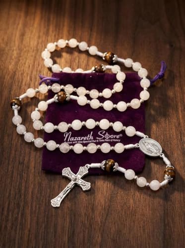 Nazareth Store 8mm White Jade & 10mm Natural Stone Beads Rosary Necklace St. Miraculous Medal & Cross Crucifix Catholic Prayer Beads Religious Jewelry - color: Tiger Eye