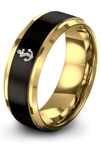 Gift for Nautical Fan - Anchor With Rope Ring - Men Women - Tungsten - Flat Dome Bevel - Band - Yellow Gold Black Silver Blue - Anniversary Wedding - 8mm - Brushed Polished - Personalized Custom Engra - color: 07 - Yellow Gold Black Tungsten