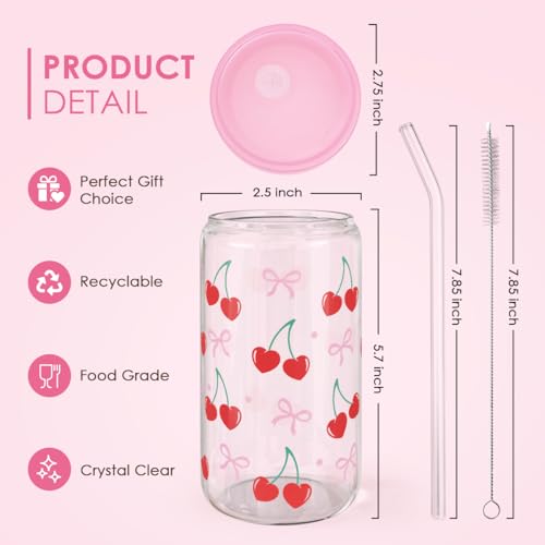 SANDJEST Cherry 16 Oz Can Glass Tumbler with Acrylic Lid and Straw - Iced Coffee Cups for Women, Aesthetic Glass Cup Gift for Birthday Christmas - color: Cherry