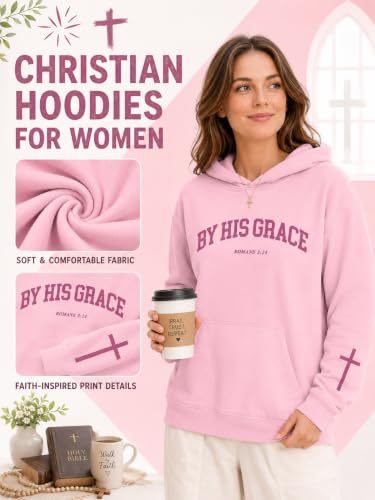 FAYALEQ Christian Sweatshirt By His Grace Letter Print Hoodie Christian Religious Sayings Sweater Bible Pullover Tops - color: Pink, size: X-Large