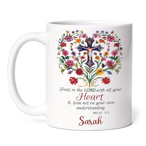 Personalized Bible Verse Ceramic Cup, Inspirational Mug Gift For Christian, Cross In Floral Heart Design On White Mug, Customized Name Christian Faith Coffee Mug 11oz, Custom Religious Gift - color: XUA-624-2303-A Cross In Floral Heart