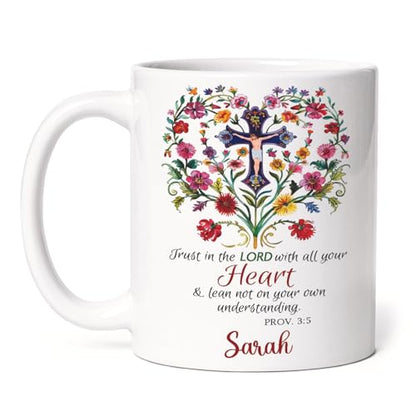Personalized Bible Verse Ceramic Cup, Inspirational Mug Gift For Christian, Cross In Floral Heart Design On White Mug, Customized Name Christian Faith Coffee Mug 11oz, Custom Religious Gift - color: XUA-624-2303-A Cross In Floral Heart
