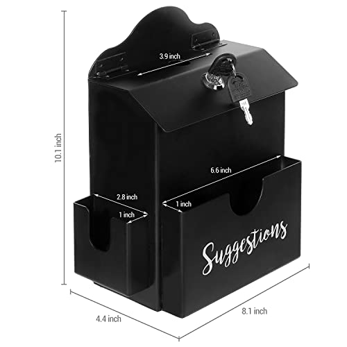 MyGift Suggestion Box with Slot and Lock, Donation Box for Fundraising, Complaint Case with Paper Sheet and Pen Holder Slots,Wall Mounted or Tabletop, Black Metal - color: Black