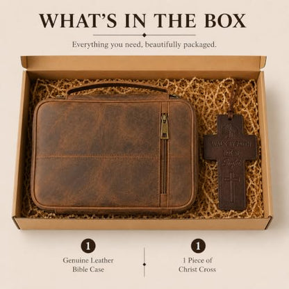 11 x 8 inch Real Leather Bible Cover for Men, Bible Case Women Organizer with Handle & Pocket Pen Holder Christian Religious Gift Bookmark Bible Carrying Bag for Church - Antique Brown - color: Brown