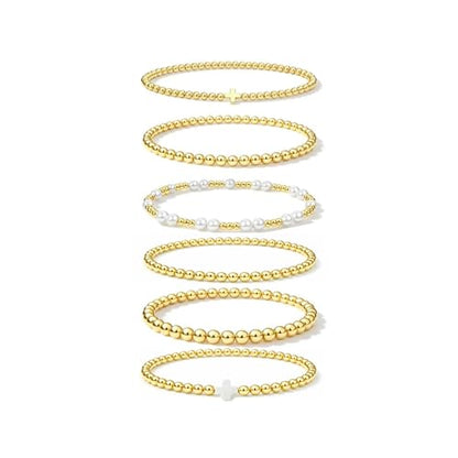 Gold Bracelets for Women Jewelry - Easter Basket Stuffers, Cross/Pearl/Beaded Bracelets Set, Dainty 14K Gold Plated Beaded Bracelets Stack, Birthday Easter Gifts for Women - color: 2Cross+3Bead+1Pearl