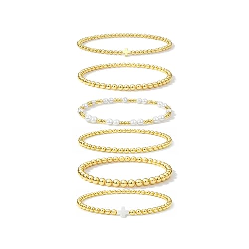 Gold Bracelets for Women Jewelry - Easter Basket Stuffers, Cross/Pearl/Beaded Bracelets Set, Dainty 14K Gold Plated Beaded Bracelets Stack, Birthday Easter Gifts for Women - color: 2Cross+3Bead+1Pearl