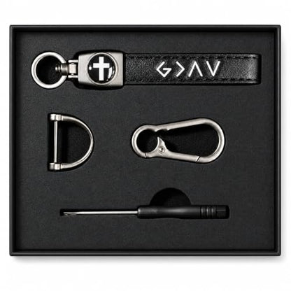 Christian Cross Leather Keychain for Men – Christian Gift for Dad Husband Son - color: Black – God is Greater (Gift Box)