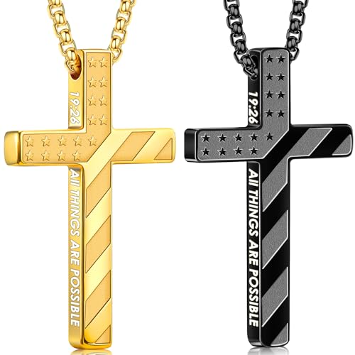 Romass Cross Necklace for Men Boys - 316L Stainless Steel Bible Verse Religious Pendant, Christian Jewelry Gifts for Son Husband, Graduation Gifts, Adjustable 22+2 inch Chain - color: Black+Gold, style: 2Pcs 19:26