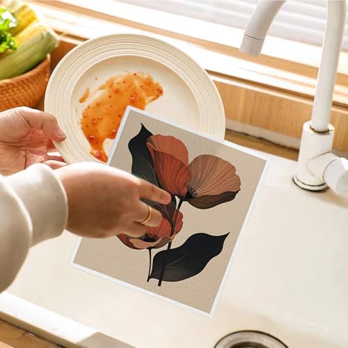 Swedish Dishcloths for Kitchen, Floral Botanical Swedish DishCloths, Papaya Reusable Paper Towels Washable, 4 Pcs Dish Towels for Kitchen Party Home Housewarming Cleaning Cloths - color: Flower 13