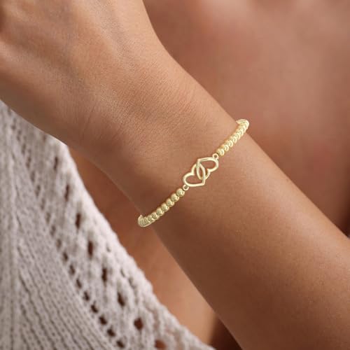 Gold Bracelets for Women 14K Gold Plated Bead Bracelet Hypoallergenic Stretch Bracelets for Women Elastic Bracelet Trendy Teen Gift Dainty Jewelry for Women - style: Double Heart