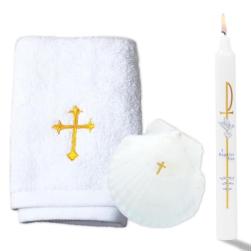 Baptism Candle Set for Boy Girls - Baptism Kit Include Baptismal Candles, Towel and Shell. Vela para Bautizo, Christening Set Velas para Bautizo De Niño Baptismal Kit Gifts (Gold) - color: Gold