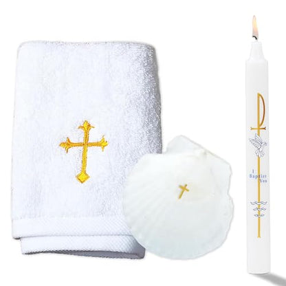 Baptism Candle Set for Boy Girls - Baptism Kit Include Baptismal Candles, Towel and Shell. Vela para Bautizo, Christening Set Velas para Bautizo De Niño Baptismal Kit Gifts (Gold) - color: Gold