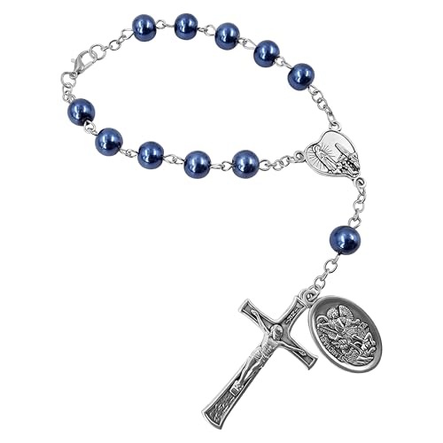 TALISMAN4U St. Michael Guardian Angel Medal Rosary for Car Rearview Mirror - color: Blue Rosary Beads